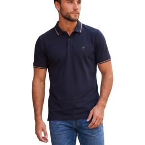 Louis Philippe Men's Slim Fit Single-Tuck Pique Stylized Sleeve Print and Contrast Tipping Half Sleeve Solid Cotton Polo Tshirt