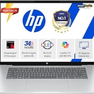 HP Omnibook 5 OLED (Previously Pavilion), Snapdragon X Processor 45 Tops (16GB LPDDR5x, 1TB SSD) 2K,16''/40.6cm, Win11, Office24, Silver, 1.59kg, fb0001QU, Multi-Day Battery AI Laptop