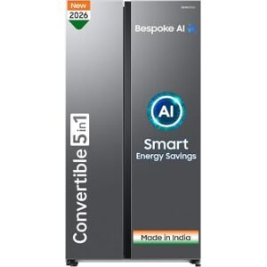 Samsung 653 L, 3 Star, Frost Free, Double Door, Convertible 5-in-1 Digital Inverter, Side By Side AI Enabled Smart Refrigerator with WiFi (RS76CG8003S9HL, Silver, Refined Inox)