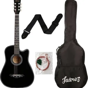 Juârez Acoustic Guitar Kit, JRZ38C/BK 38 Inch Cutaway, 038C with Bag, Strings, Pick and Strap, Black