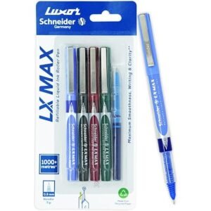 Luxor Schneider, LX MAX roller ball pen, Pack of 4-Assorted+1 Refill, Needle Tip, 0.5mm, 100% German Technology, 1000+ mtrs writing length, Waterproof Ink, Ideal for Students & Professionals
