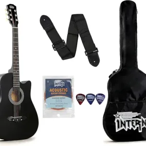 Intern 38 Inch Acoustic Guitar for Beginners with Bag, Strap, Strings, Picks & Winder | Cutaway Design | Steel String Guitar for Kids & Adults (Black)