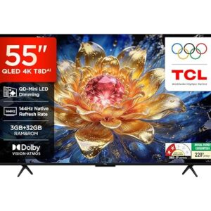 TCL 139 cm (55 Inches) 4K UHD Smart QLED Google TV | QD-Mini LED Dimming | 144Hz Refresh Rate | 3GB RAM | 55T8D