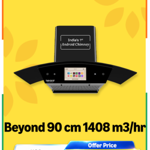 Beyond Appliances Asteria 90cm Auto Clean Kitchen Chimney | 1408 CMH Suction | Filterless | Curved Glass | Smart Screen & Speakers | Touch Control | Black Finish
